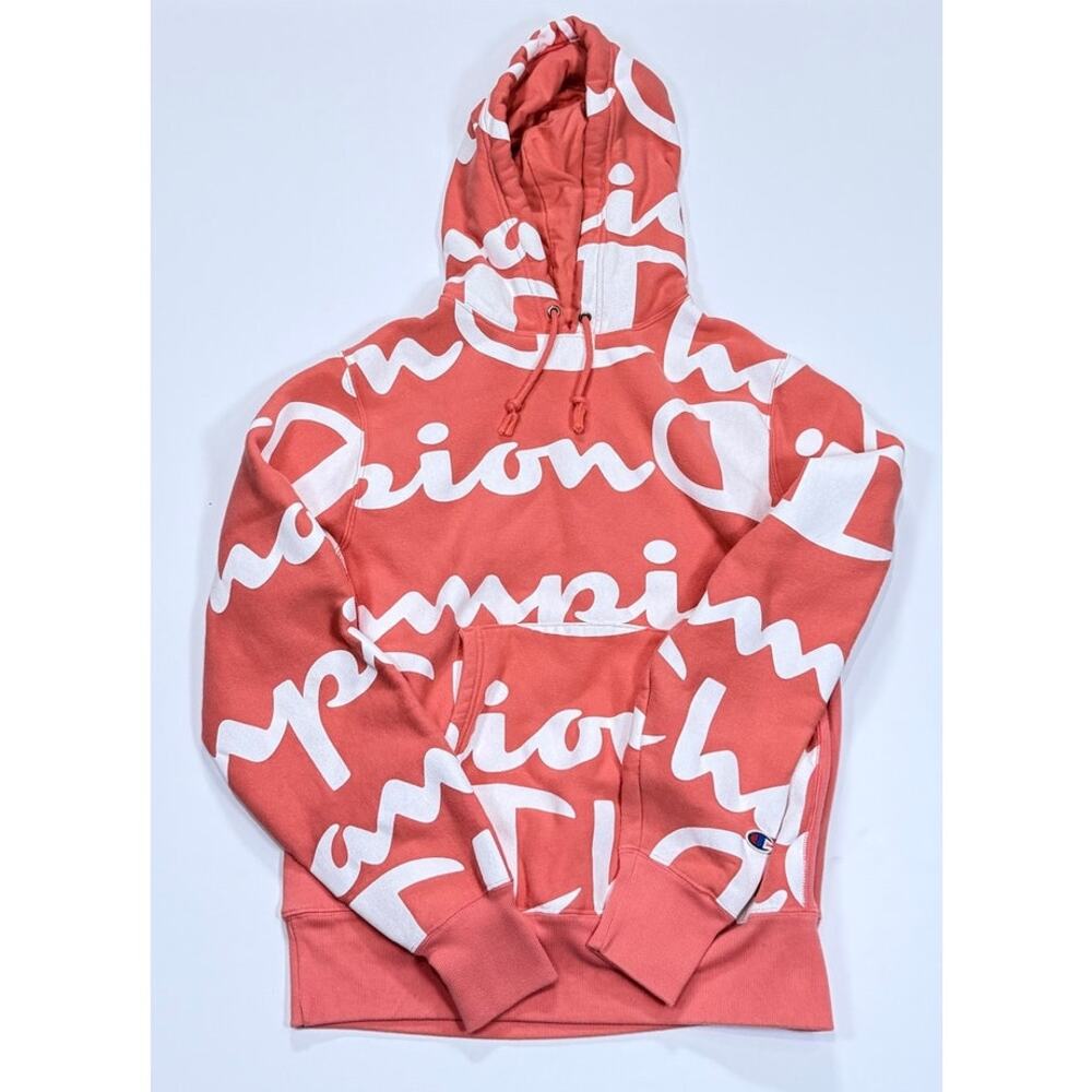 Champion All-Over Script Logo Coral Hoodie
